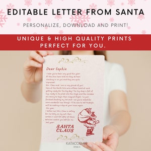 May include: A printable letter from Santa Claus to a child named Sophie. The letter is written on a cream-colored paper with a red border and features a cartoon image of Santa Claus carrying a bag of gifts. The letter includes a personalized message from Santa Claus, thanking Sophie for being good this year and mentioning that he will be making a stop at her house again this year.