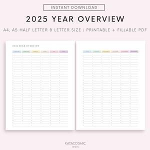 2025 Year At a Glance, Two Page Yearly Planner Printable, 12 Month Overview, Minimalist Planner, A4/A5/Letter/Half, Instant Download PDF