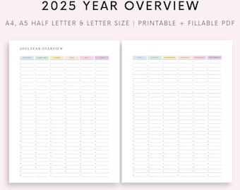 Planificador anual imprimible de dos páginas para 2025: resumen de 12 meses, planificador minimalista, tamaños A4/A5/Carta/Media Carta, descarga instantánea en PDF.