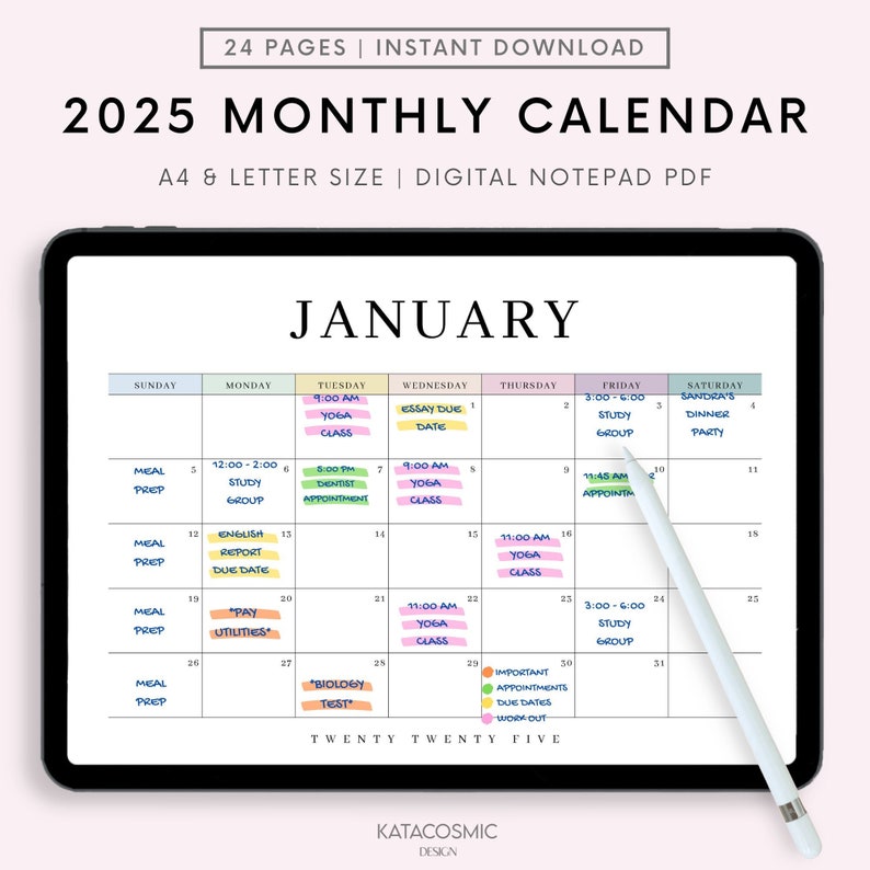 May include: A digital monthly calendar for January 2025. The calendar is displayed on a tablet screen with a white stylus. The calendar is divided into days of the week, with each day having a grid of squares for scheduling appointments and tasks. The calendar is color-coded with different colors for different types of events. The calendar also includes a section for important appointments, due dates, and workouts.