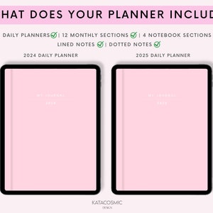 Puede incluir: Dos planificadores digitales rosas con biseles negros. Los planificadores est&aacute;n etiquetados como "2024 Daily Planner" y "2025 Daily Planner". Cada planificador tiene una etiqueta blanca que dice "My Journal" y el a&ntilde;o. El texto "KATACOSMIC DESIGN" est&aacute; en la parte inferior de la imagen.