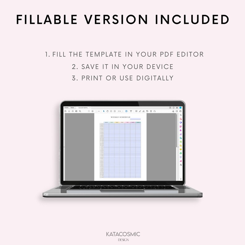 Peut inclure: Un ordinateur portable affichant un mod&egrave;le de planning hebdomadaire dans un &eacute;diteur PDF. Le mod&egrave;le est une grille avec des colonnes pour chaque jour de la semaine et des lignes pour diff&eacute;rentes heures. Le mod&egrave;le est rempli de surbrillances color&eacute;es et de texte.