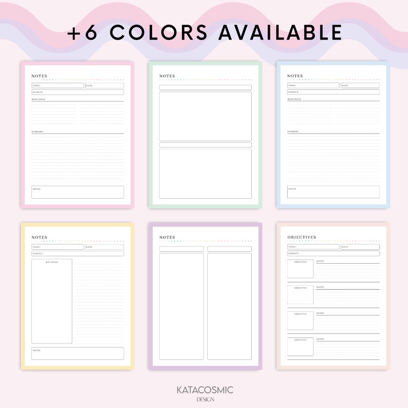 Peut inclure: Six pages de planificateur imprimables dans diff&eacute;rentes couleurs&nbsp;: rose, vert, bleu, jaune, violet et p&ecirc;che. Chaque page porte le titre &laquo;&nbsp;Notes&nbsp;&raquo; et comprend des lignes pour &eacute;crire et une section pour les objectifs. Les pages sont con&ccedil;ues pour la prise de notes et la planification.