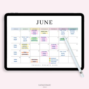 May include: A digital calendar planner for June with a white background and colorful handwritten notes. The calendar is divided into seven columns for each day of the week, with the days of the week labeled at the top. The calendar includes notes for appointments, due dates, and workouts.