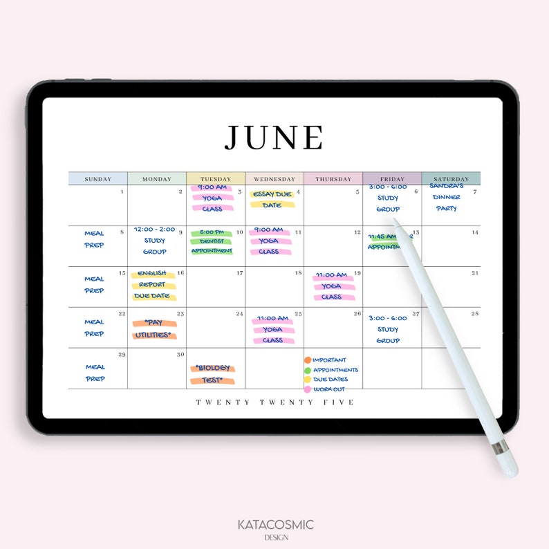 May include: A digital calendar planner for June with a white background and colorful handwritten notes. The calendar is divided into seven columns for each day of the week, with the days of the week labeled at the top. The calendar includes notes for appointments, due dates, and workouts.
