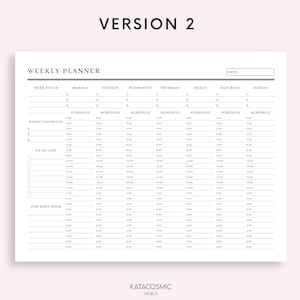 May include: A black and white weekly planner with a simple design. The planner includes sections for week focus, weekly priorities, to do list, and for next week. Each day of the week has a schedule section with time slots from 6:00 AM to 6:00 PM.