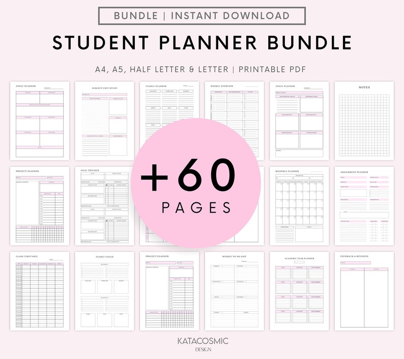 May include: A printable student planner bundle with over 60 pages. The bundle includes various planner pages, such as a weekly planner, monthly planner, assignment planner, and more. The pages are designed in a simple and minimalist style with black text and lines on a white background.