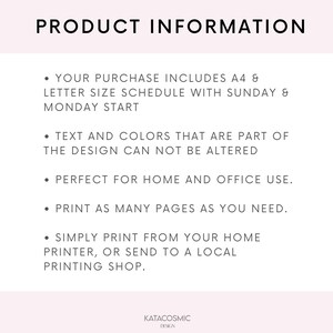 Peut inclure: Texte d'information sur un produit sur fond blanc. Le texte indique que l'achat comprend des agendas de format A4 et lettre avec d&eacute;but le dimanche et le lundi. Le texte indique &eacute;galement que les couleurs et le texte du design ne peuvent pas &ecirc;tre modifi&eacute;s. Le texte indique &eacute;galement que le produit est parfait pour une utilisation &agrave; domicile et au bureau. Le texte indique &eacute;galement que le produit peut &ecirc;tre imprim&eacute; autant de pages que n&eacute;cessaire. Le texte indique &eacute;galement que le produit peut &ecirc;tre imprim&eacute; &agrave; partir d'une imprimante domestique ou envoy&eacute; &agrave; une imprimerie locale. Le texte indique &eacute;galement que le produit est de Katacosmic Design.