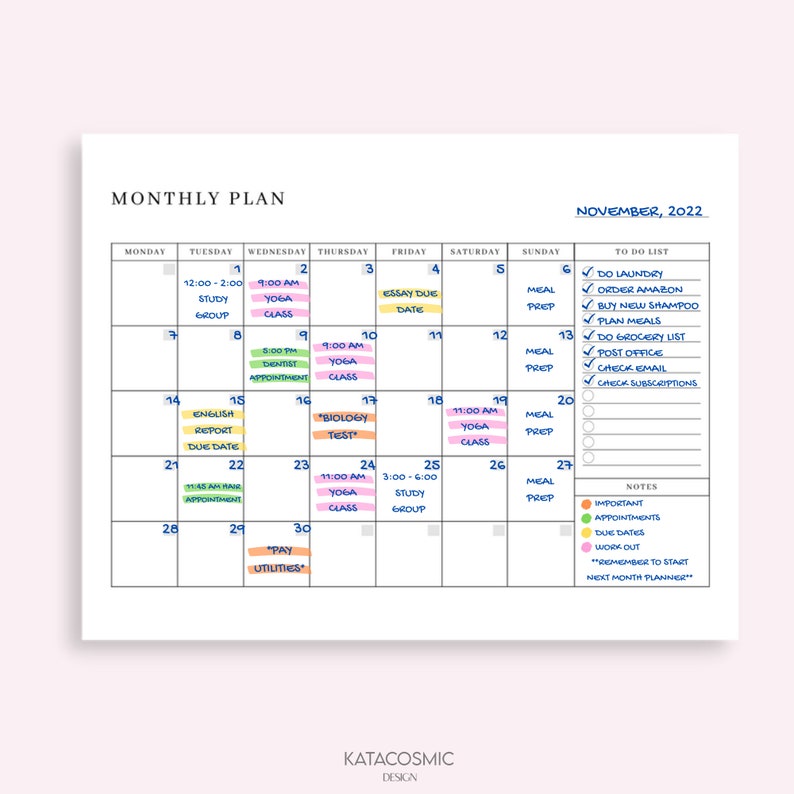 Peut inclure: Un planificateur mensuel avec un calendrier de novembre 2022 et une liste de choses &agrave; faire. Le calendrier comporte des notes manuscrites de diff&eacute;rentes couleurs, notamment des rendez-vous, des groupes d'&eacute;tude et des cours de yoga. La liste de choses &agrave; faire comprend des t&acirc;ches telles que faire la lessive, commander sur Amazon et planifier les repas.