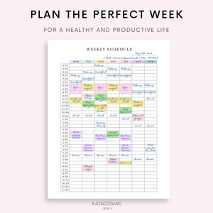 Peut inclure: Un planificateur hebdomadaire avec un sch&eacute;ma de couleurs rose, bleu et vert. Le planificateur est divis&eacute; en jours de la semaine, avec des cr&eacute;neaux horaires de 5h00 &agrave; 23h30. Le planificateur comprend un espace pour &eacute;crire des t&acirc;ches, des rendez-vous et des notes.