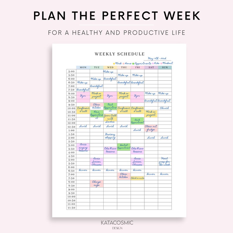 Peut inclure: Un planificateur hebdomadaire avec un sch&eacute;ma de couleurs rose, bleu et vert. Le planificateur est divis&eacute; en jours de la semaine, avec des cr&eacute;neaux horaires de 5h00 &agrave; 23h30. Le planificateur comprend un espace pour &eacute;crire des t&acirc;ches, des rendez-vous et des notes.