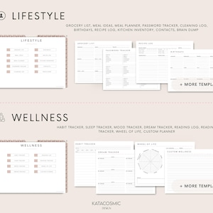 May include: A digital planner with lifestyle and wellness templates. The lifestyle section includes grocery lists, meal ideas, and recipe logs. The wellness section features habit trackers and dream trackers. The design is minimalist with a neutral color palette.
