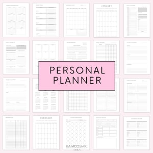 Op de afbeelding: Een set afdrukbare persoonlijke plannerpagina's met een roze banner waarop "PERSONAL PLANNER" staat. De pagina's bevatten een wekelijks uitgavenlogboek, een dagelijkse check-in, een wekelijkse beoordeling, een gewoontetracker, een weekplanner, een leeslogboek, een maandplan, kalenderpagina's voor januari en februari, een 30-daagse uitdaging, rollende notities en een wachtwoordtracker.