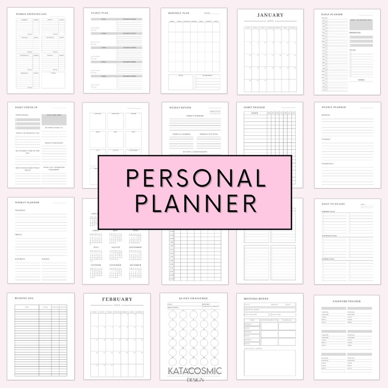 Op de afbeelding: Een set afdrukbare persoonlijke plannerpagina's met een roze banner waarop "PERSONAL PLANNER" staat. De pagina's bevatten een wekelijks uitgavenlogboek, een dagelijkse check-in, een wekelijkse beoordeling, een gewoontetracker, een weekplanner, een leeslogboek, een maandplan, kalenderpagina's voor januari en februari, een 30-daagse uitdaging, rollende notities en een wachtwoordtracker.