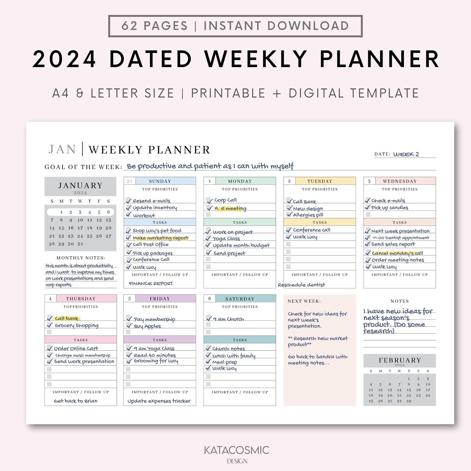 2024 Dated Weekly Planner Printable Landscape, Minimalist Weekly ...