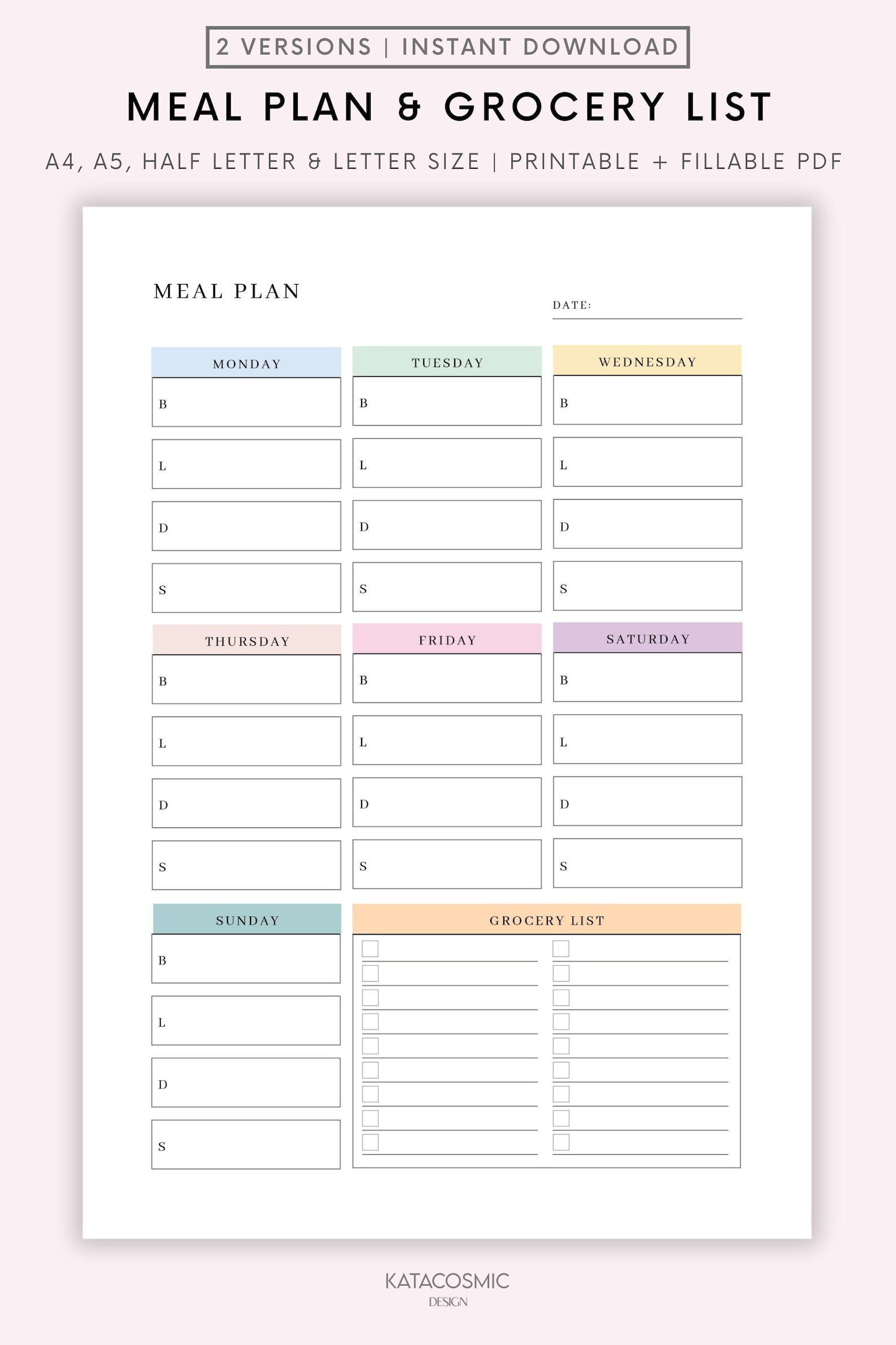 Weekly Meal Planner With Grocery List Printable Template, 7 Day Menu ...