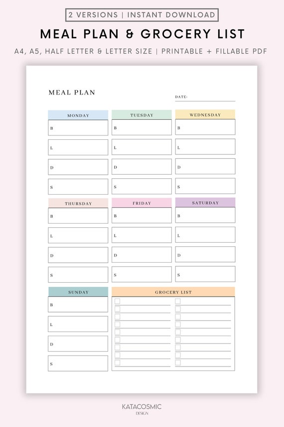 Weekly Meal Planner with Grocery List Printable Template, 7 Day Menu Plan, Food Planner, Health & Fitness, A4/A5/Letter/Half