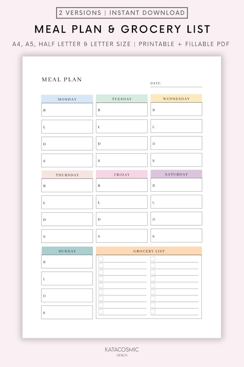 May include: Printable meal planner and grocery list template. The template is divided into sections for each day of the week, with space for breakfast, lunch, dinner, and snacks. There is also a section for a grocery list.
