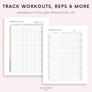 May include: Two printable workout plan templates with a minimalist design. Each template has a table with columns for day of the week, exercise, sets, weight, reps, cardio, and focus. The focus column has checkboxes for full body, upper body, lower body, and core.