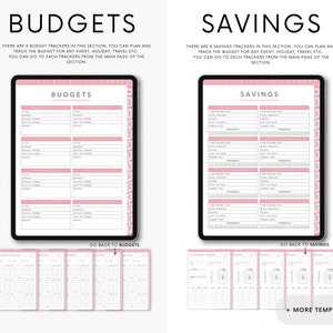 May include: A digital planner with pink accents for budgeting and saving. The planner includes 8 budget trackers and 8 savings trackers. The planner has a section for each month and a section for notes. The planner also includes a section for tracking progress towards goals.