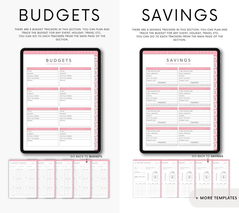 May include: A digital planner with pink accents for budgeting and saving. The planner includes 8 budget trackers and 8 savings trackers. The planner has a section for each month and a section for notes. The planner also includes a section for tracking progress towards goals.