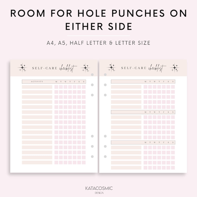 May include: A printable self-care checklist with two columns, each with a header that says "SELF-CARE checklist". The checklist has a beige background with a light pink grid pattern. The checklist includes a column for activity and a column for days of the week, Monday through Sunday.