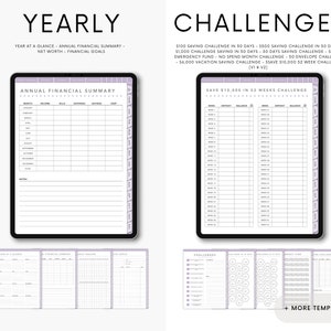 May include: A printable financial planner with a purple and white colour scheme. The planner includes a yearly financial summary, a 52-week savings challenge, and other financial challenges. The text on the page reads "Yearly" and "Challenges".