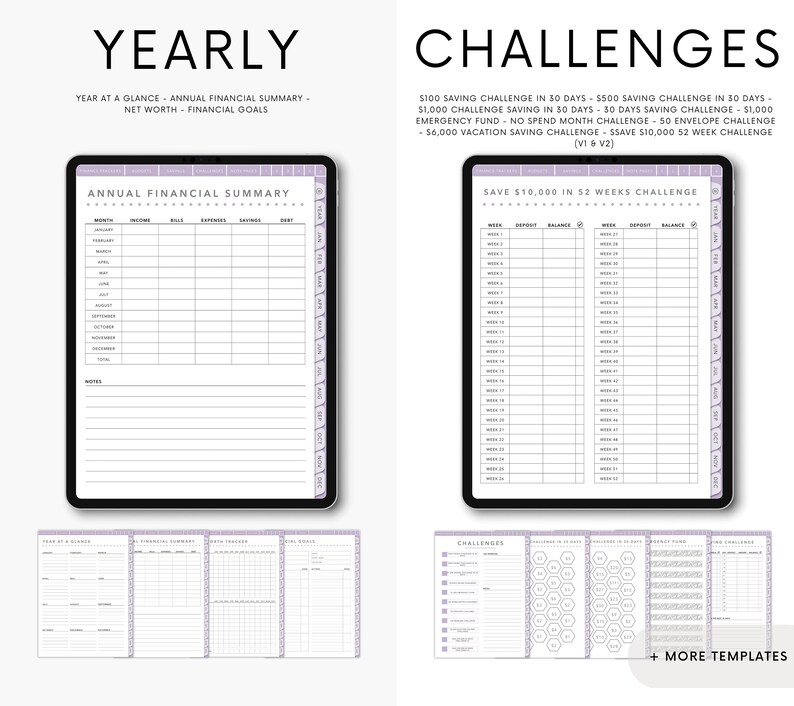 May include: A printable financial planner with a purple and white colour scheme. The planner includes a yearly financial summary, a 52-week savings challenge, and other financial challenges. The text on the page reads "Yearly" and "Challenges".