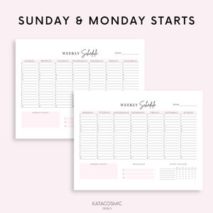 Peut inclure: Planificateur hebdomadaire imprimable avec un sch&eacute;ma de couleurs rose et blanc. Le planificateur comprend des sections pour dimanche, lundi, mardi, mercredi, jeudi, vendredi, samedi, focus hebdomadaire, priorit&eacute;s et un suivi des habitudes.