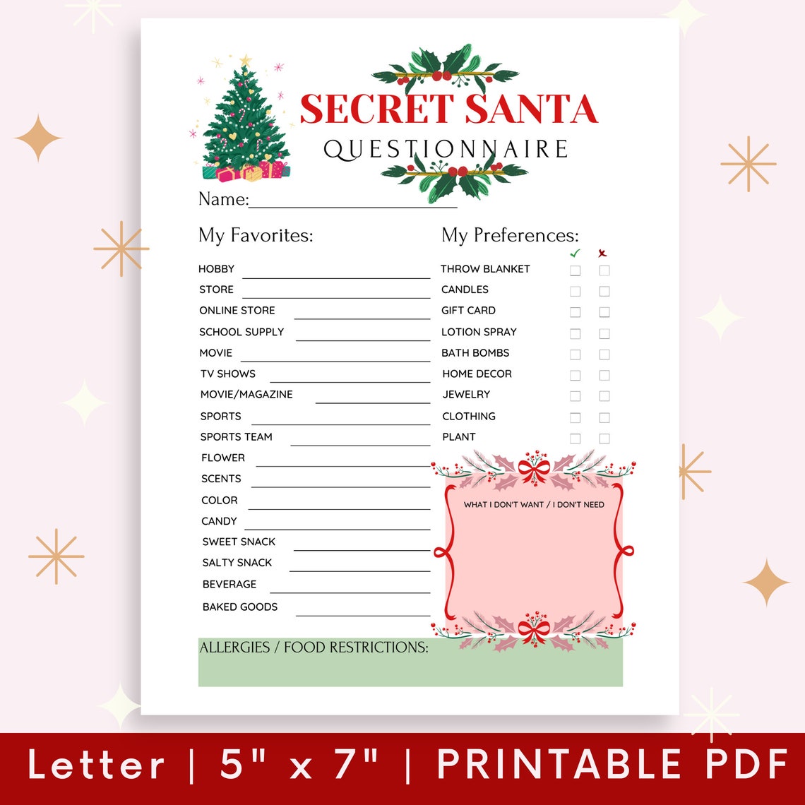 Secret Santa Questionnaire Editable Template Holiday Etsy Secret Santa Questionnaire Editable Template Holiday Etsy