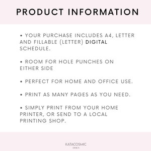 May include: Product information text on a white background. The text reads: "YOUR PURCHASE INCLUDES A4, LETTER AND FILLABLE (LETTER) DIGITAL SCHEDULE. ROOM FOR HOLE PUNCHES ON EITHER SIDE. PERFECT FOR HOME AND OFFICE USE. PRINT AS MANY PAGES AS YOU NEED. SIMPLY PRINT FROM YOUR HOME PRINTER, OR SEND TO A LOCAL PRINTING SHOP."