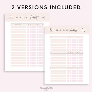 May include: Two printable self-care checklists with a pink and white color scheme. Each checklist has a column for activity and a grid for each day of the week. The text "SELF-CARE checklist" is at the top of each checklist.