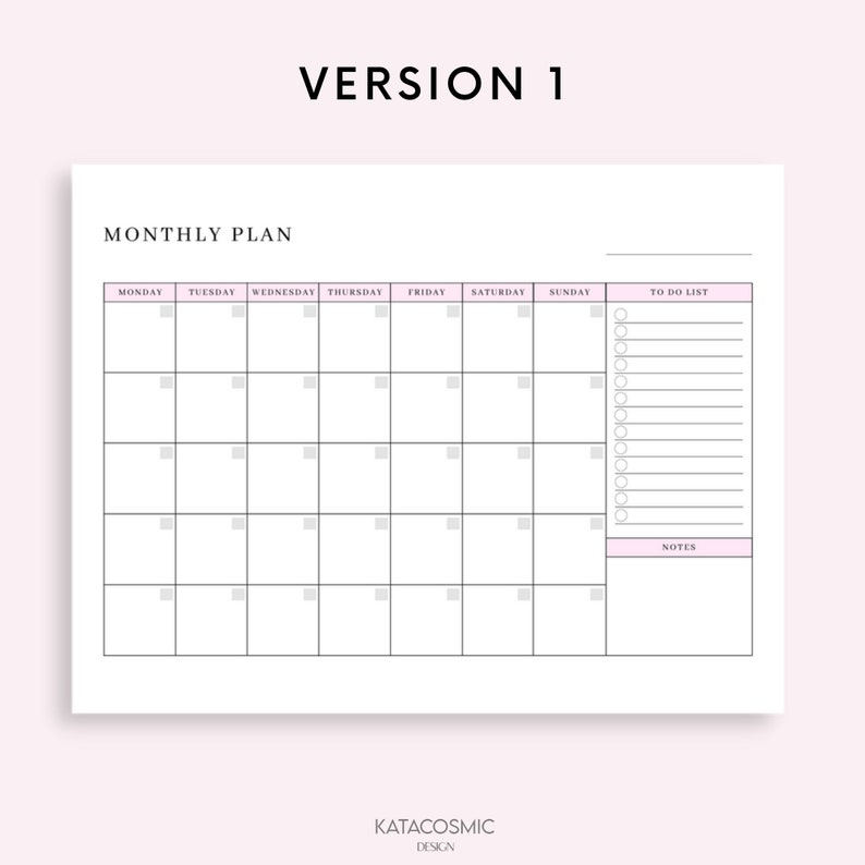 Peut inclure: Un planificateur mensuel imprimable avec un design simple. Le planificateur comprend une grille de calendrier avec des espaces pour chaque jour de la semaine, une liste de t&acirc;ches &agrave; faire et une section de notes. La grille du calendrier est &eacute;tiquet&eacute;e avec les jours de la semaine&nbsp;: lundi, mardi, mercredi, jeudi, vendredi, samedi et dimanche. La liste de t&acirc;ches &agrave; faire comporte une colonne de cercles pour cocher les t&acirc;ches. La section de notes est &eacute;tiquet&eacute;e "Notes".