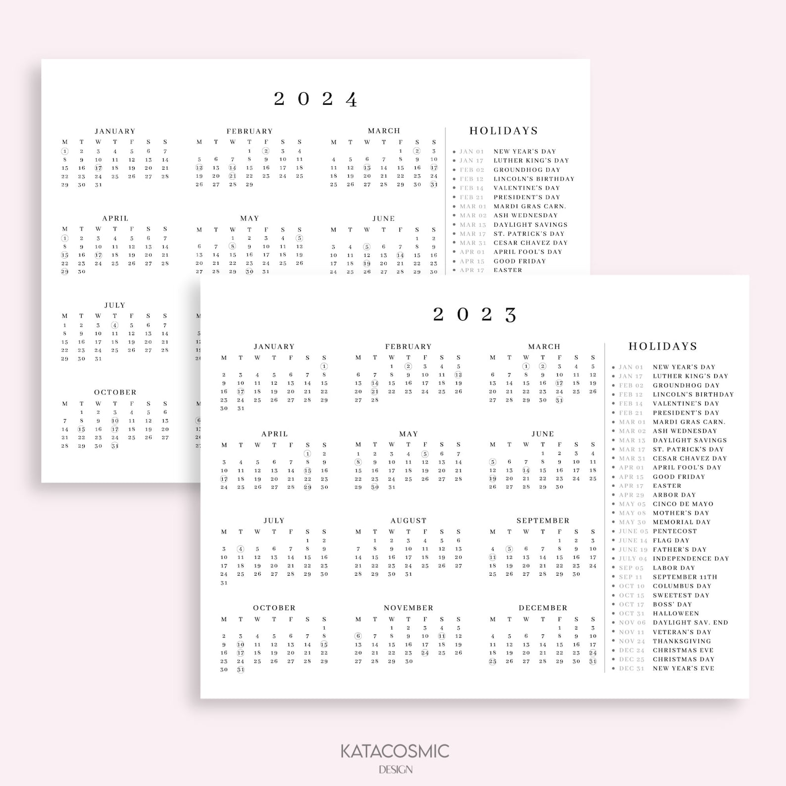 2023 2024 Year Calendar with Holidays on One Page Printable - Etsy Schweiz