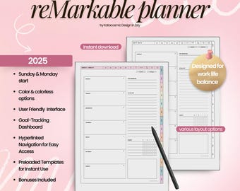 Planejador Remarkable Paper Pro, Planejador Remarkable 2 & 1 para 2025, Modelos Remarkable, Planejador de Trabalho Minimalista com Hiperlinks