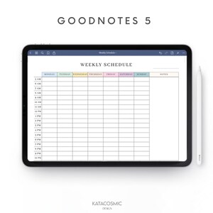 Pu&ograve; includere: Un modello di pianificatore settimanale per Goodnotes 5, un'app di appunti digitale. Il modello &egrave; visualizzato sullo schermo di un tablet e presenta una griglia con colonne per ogni giorno della settimana, dal luned&igrave; alla domenica, e righe per ogni ora del giorno, dalle 5:00 alle 22:00. C'&egrave; anche una colonna per le note.