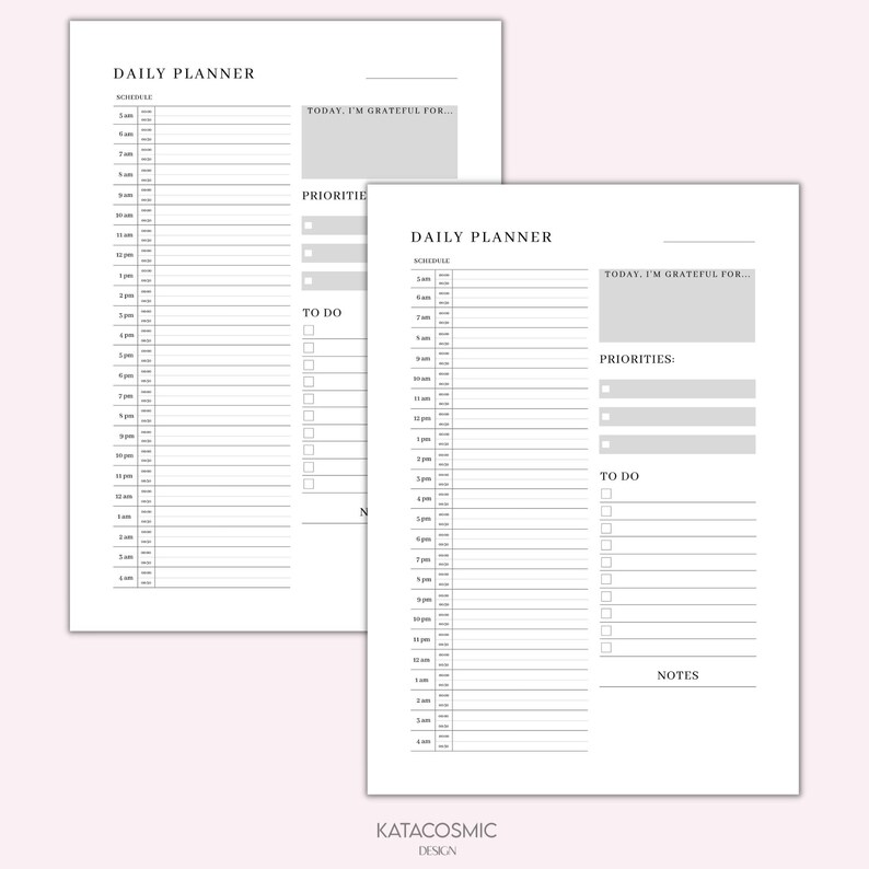 May include: Two printable daily planner pages with a gray background. The pages include sections for scheduling, priorities, to-do lists, and notes. The text "TODAY, I'M GRATEFUL FOR..." appears at the top of each page.