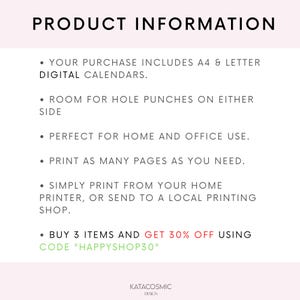 May include: White background with the text "PRODUCT INFORMATION". Bullet points describe digital calendars, hole punch compatibility, home and office use, printing options, and a discount code for multiple purchases.