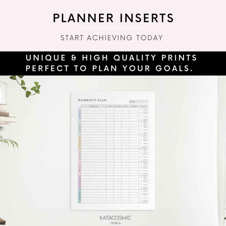 May include: A printable workout planner with a white background and a gray grid. The planner includes columns for the day of the week, exercise, sets, weight, reps, carbs, and notes. The planner is designed to help people track their workouts and progress.