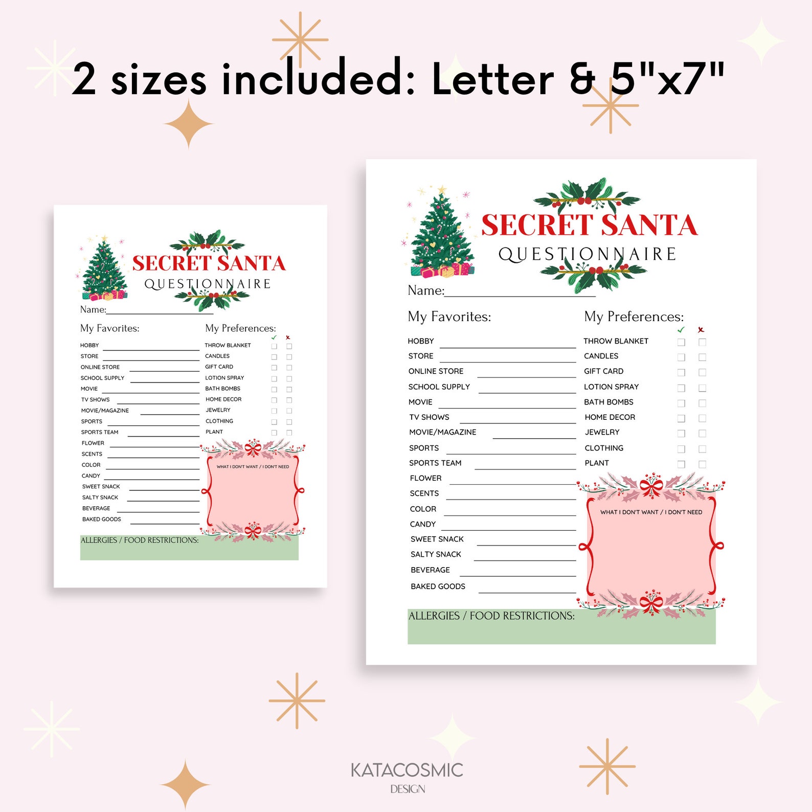 Secret Santa Questionnaire Editable Template Holiday - Etsy