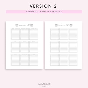 May include: A printable grocery list template with two versions: a colorful version and a white version. The template is divided into sections for fruits and veggies, meat and seafood, bakery and deli, dairy, frozen, pantry, drinks, household, and other.