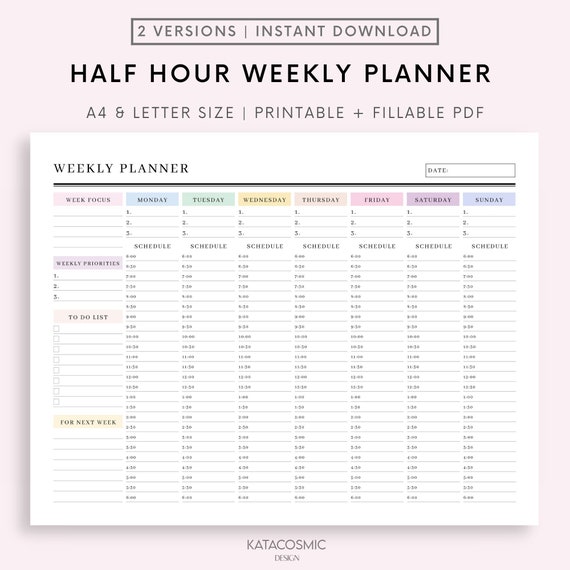 Half Hour Weekly Planner EDITABLE Weekly Schedule, Daily Planner, Undated Planner, 2024 Weekly Organizer, To Do List printable, Adhd