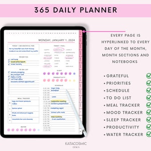 Puede incluir: Un planificador digital rosa y blanco con el texto "365 Daily Planner" en la parte superior. El planificador tiene un calendario, una lista de tareas, un rastreador de comidas, un rastreador de estado de &aacute;nimo, un rastreador de sue&ntilde;o, un rastreador de productividad y un rastreador de agua. El planificador est&aacute; dise&ntilde;ado para ayudar a las personas a mantenerse organizadas y encaminadas con sus objetivos.