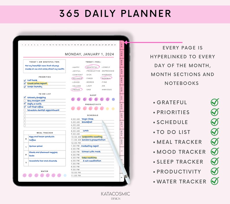 Puede incluir: Un planificador digital rosa y blanco con el texto "365 Daily Planner" en la parte superior. El planificador tiene un calendario, una lista de tareas, un rastreador de comidas, un rastreador de estado de &aacute;nimo, un rastreador de sue&ntilde;o, un rastreador de productividad y un rastreador de agua. El planificador est&aacute; dise&ntilde;ado para ayudar a las personas a mantenerse organizadas y encaminadas con sus objetivos.