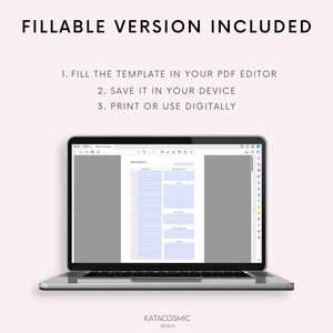 Op de afbeelding: Een laptopcomputer waarop een digitale plannertemplate wordt weergegeven met het woord "MONDAY" bovenaan. De template is ontworpen om dagelijkse taken en afspraken in te vullen. De tekst "FILLABLE VERSION INCLUDED" wordt bovenaan de afbeelding weergegeven. De tekst "1. FILL THE TEMPLATE IN YOUR PDF EDITOR 2. SAVE IT IN YOUR DEVICE 3. PRINT OR USE DIGITALLY" wordt onder de laptop weergegeven.