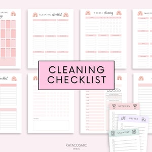 Op de afbeelding: Een set printbare schoonmaakchecklists met een regenboogontwerp. De checklists omvatten dagelijkse, wekelijkse en maandelijkse schoonmaaktaken. De checklists zijn ontworpen om je te helpen georganiseerd te blijven en je schoonmaak op orde te houden.