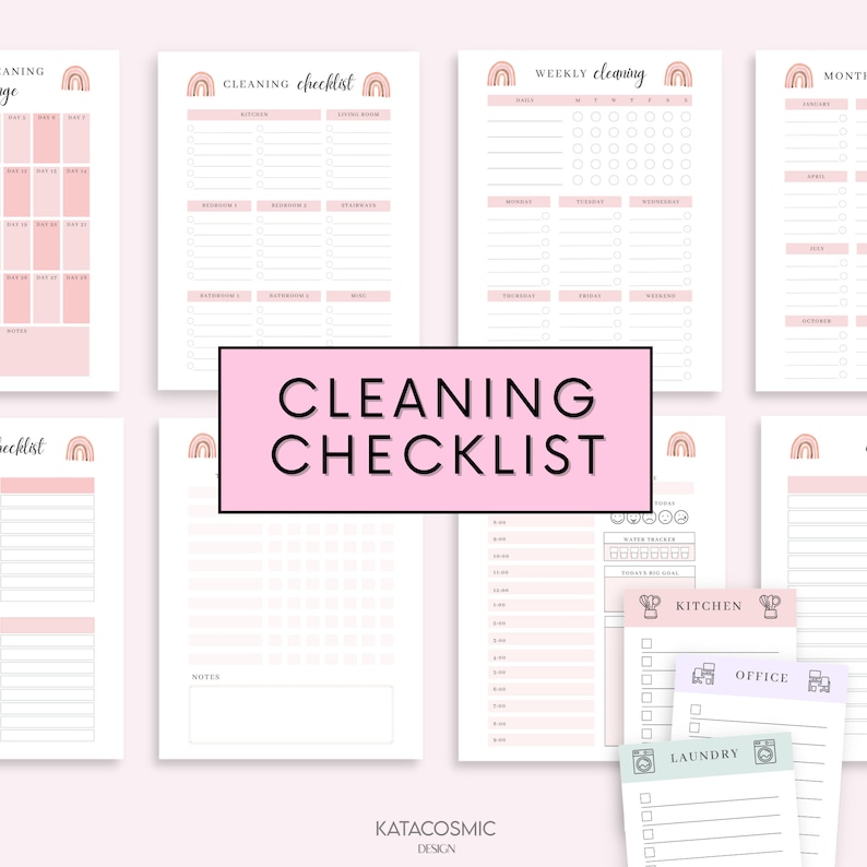 Op de afbeelding: Een set printbare schoonmaakchecklists met een regenboogontwerp. De checklists omvatten dagelijkse, wekelijkse en maandelijkse schoonmaaktaken. De checklists zijn ontworpen om je te helpen georganiseerd te blijven en je schoonmaak op orde te houden.