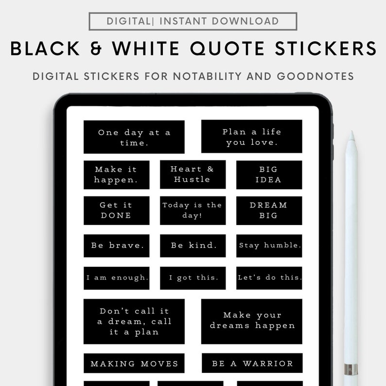 Black and White Minimalist Stickers for Goodnotes, Motivational Quotes PNG, Digital Sticker Quotes Inspirational, Notability PDF Planners image 1