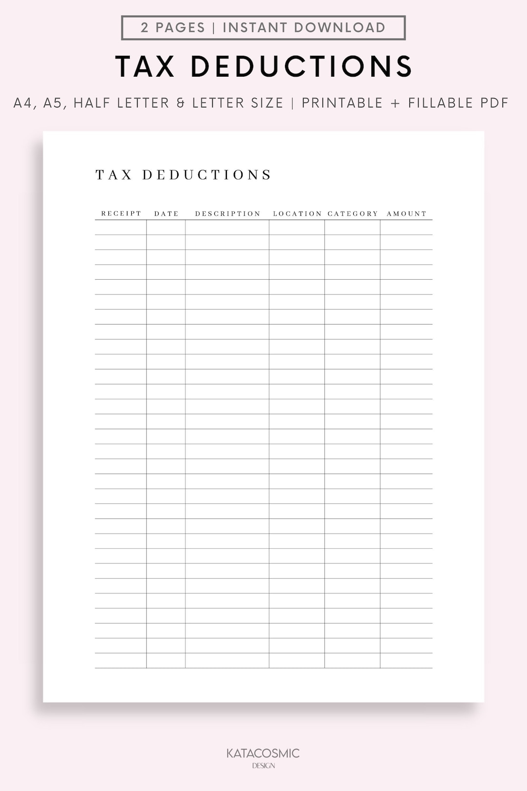 Printable Tax Deduction Tracker, Business Tax Log, Purchase Records Printable Tax Deduction Tracker, Business Tax Log, Purchase Records
