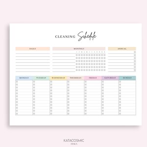 May include: A printable cleaning schedule with sections for daily, monthly, and annual tasks. The weekly section is divided into days of the week with checkboxes for each day. The colours are pastel pink, blue, yellow, and green.